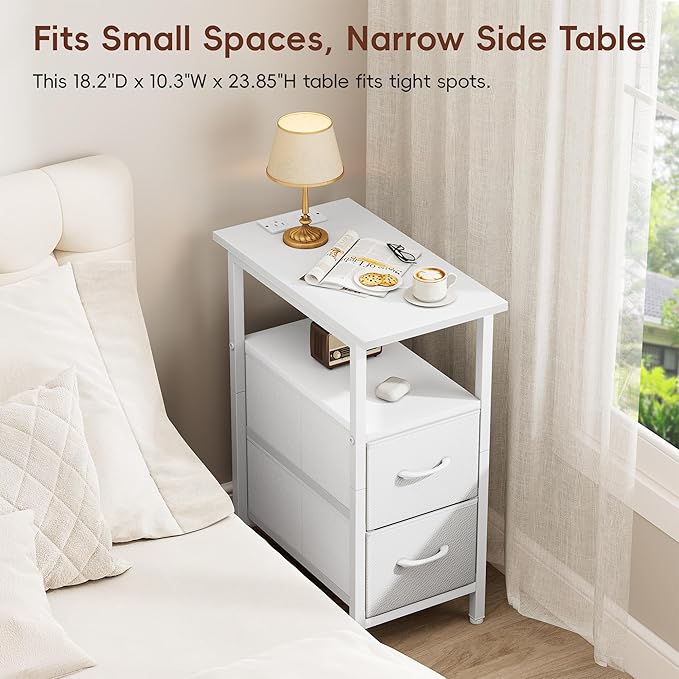 Vagusicc White End Table with Charging Station, Narrow Side Table, 23.8'' Tall - Image 6