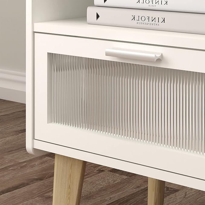 Nightstand with Charging Station, Bedside Tables with Glass Decorative Door - Image 7