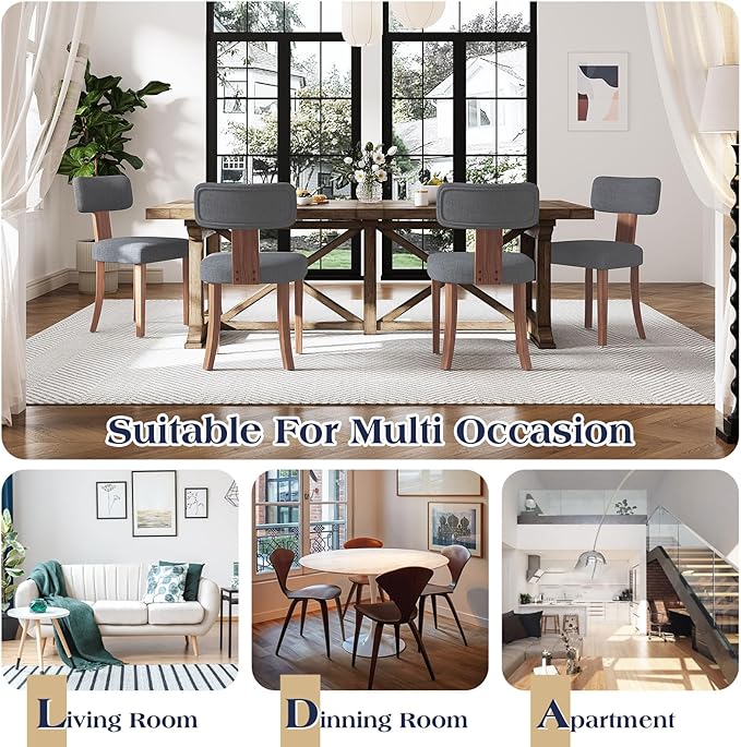 Mid Century Modern Dining Chairs Set of 4, Linen Upholstered Kitchen Chairs - Image 7