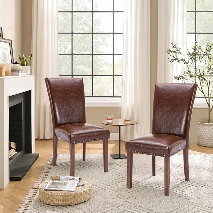 Parsons Dining Chairs Set of 6, Upholstered Nailhead PU Leather Dining Room - Image 7
