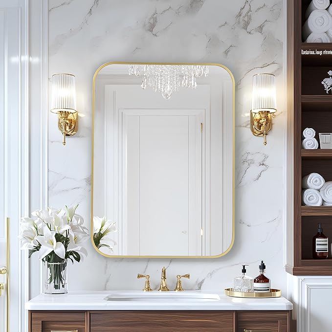 MZON 24x32 Inch Gold Bathroom Mirror – Brushed Gold Rectangular Vanity Mirror - Image 2