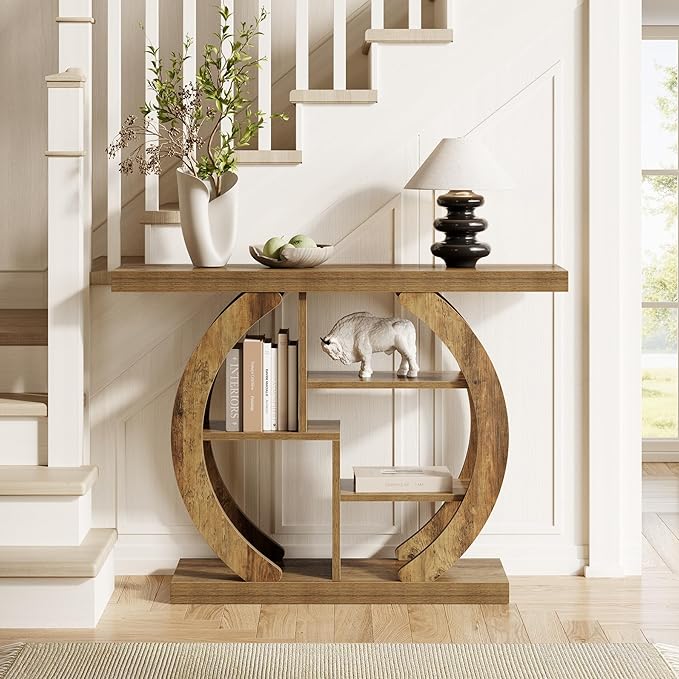 LITTLE TREE Console Table, 4-Tier Farmhouse Wooden Sofa Table Behind Couch - Image 4