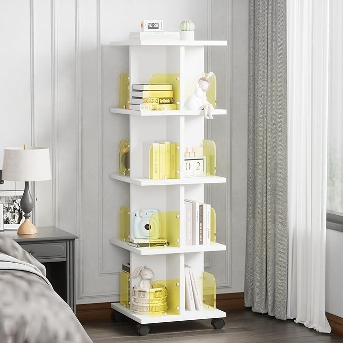 VECELO Rotating Bookshelf with Brake Wheels, 360°Display 4 Tier Floor Stackable - Image 6