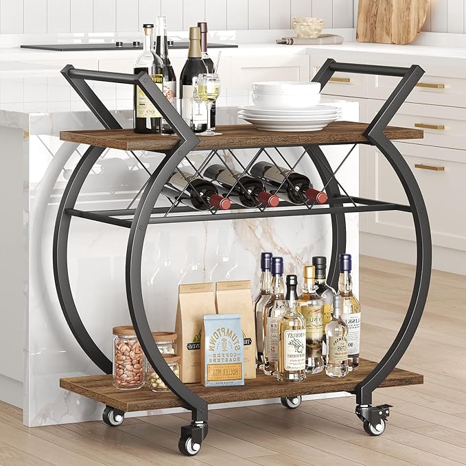 LVB Industrial Kitchen Bar Cart, Farmhouse Beverage Serving Liquor Cart - Image 6