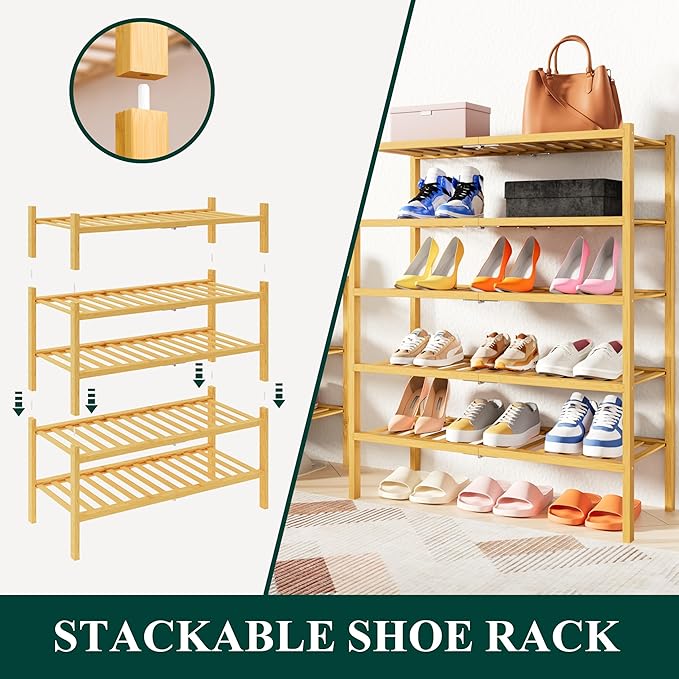 Smiry Shoe Rack, 6 Tier Thick Bamboo Shoe Organizer, Stackable Free Standing - Image 4