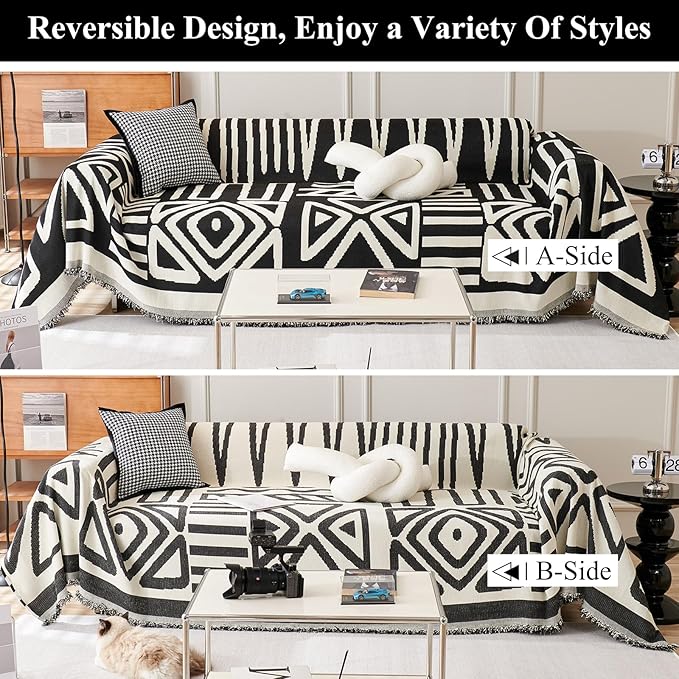 STACYPIK Reversible Boho Couch Cover Ivory Black Futon Armchair Slipcovecrs - Image 4