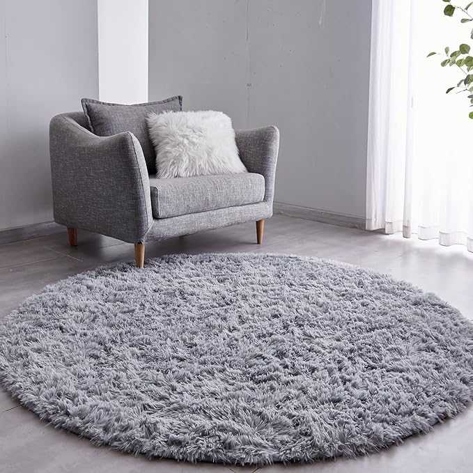 FJZFING Grey Round Rug Ultra-Soft Plush Modern 6x6 Circle Area Rug by FJZFING