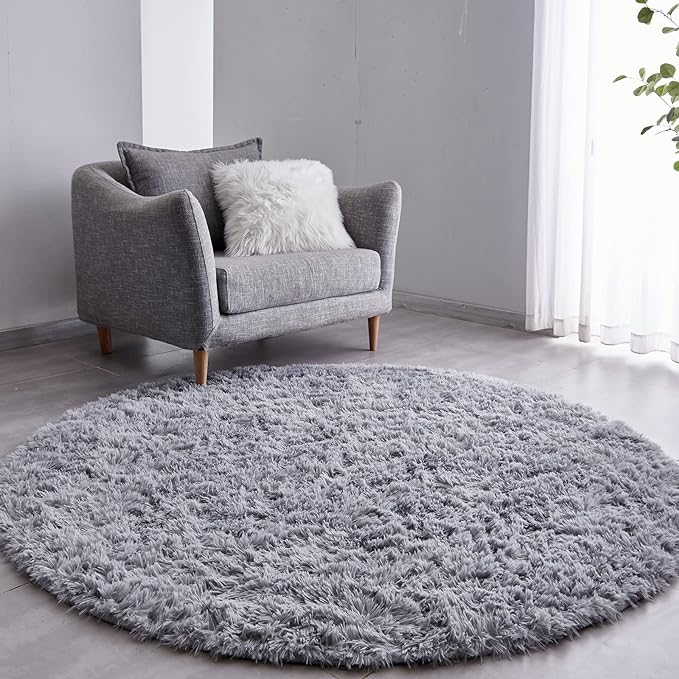 FJZFING Grey Round Rug Ultra-Soft Plush Modern 7x7 Circle Area Rug by FJZFING