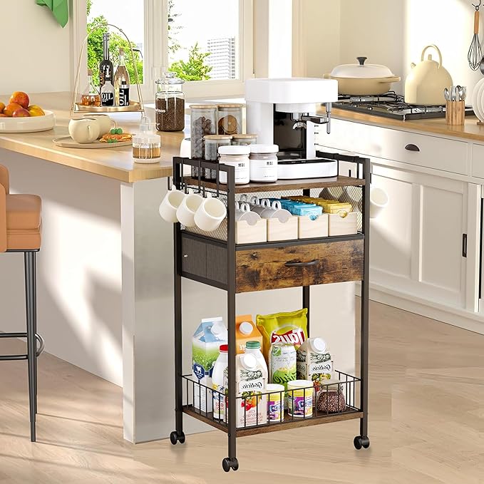 Small Coffee Bar Cart with Drawer Srorage, Coffee Bar Station Organizer Mug Cup - Image 5