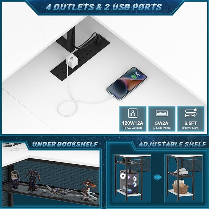Unikito L-Shaped Desk with LED Strip and Power Outlets, Reversible Corner - Image 7