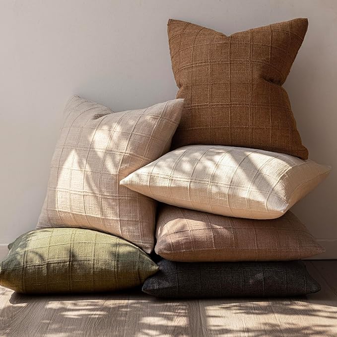 Foindtower Set of 2 Decorative Linen Check Throw Pillow Covers Neutral Long - Image 7