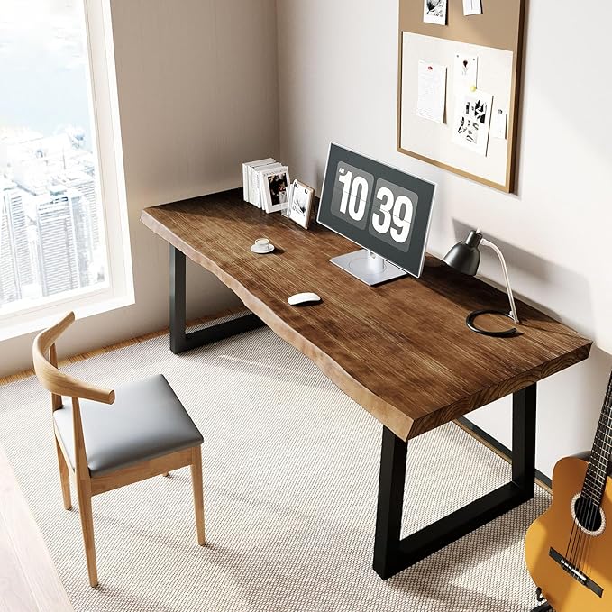 Solid Wood Computer Desk, Rustic Style 55-inch Large Office Desk- Modern Gaming - Image 4
