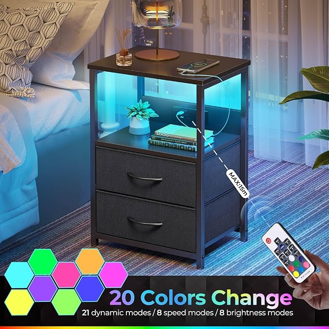 Seventable Nightstand with Charging Station, Bedside Table with LED Lights - Image 4
