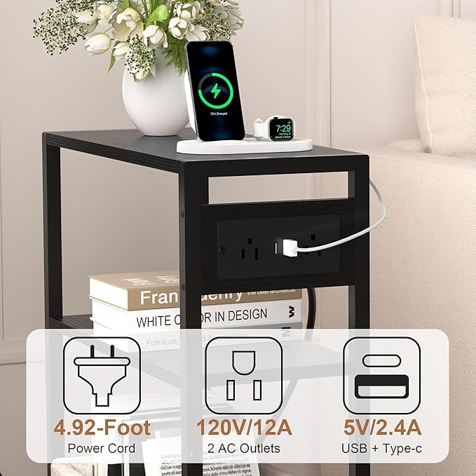 Small Narrow Side Table with Charging Station, Skinny End Table - Image 6
