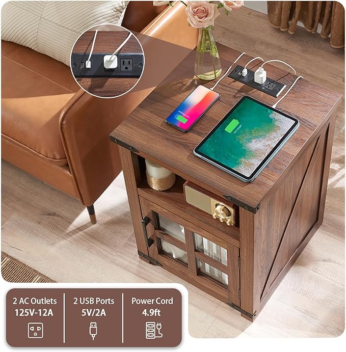 Farmhouse Nightstand with Charging Station, Rustic End Table with Tempered - Image 3