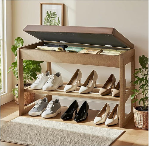 2-Tier Wood Shoe Bench with Flip-Top Storage Cabinet, Entryway Bench with Shoe by Unknown