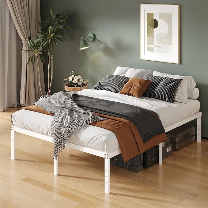 16 Inch White Full Size Bed Frame No Box Spring Need, Metal Platform Full Bed - Image 5