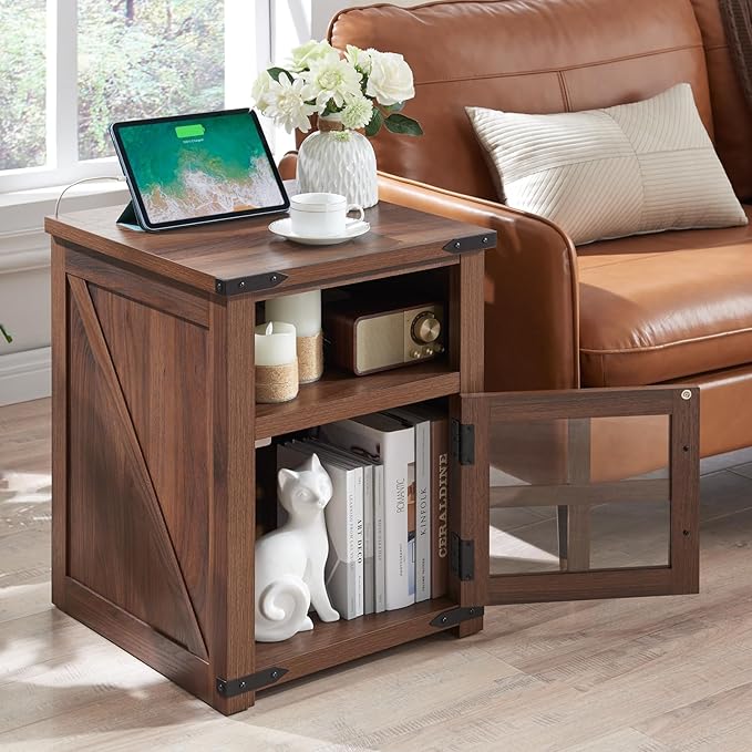 Farmhouse Nightstand with Charging Station, Rustic End Table with Tempered - Image 2