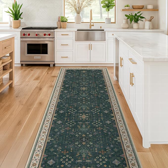 Dark Green Kitchen Rug 12 ft Long by HazoHaus