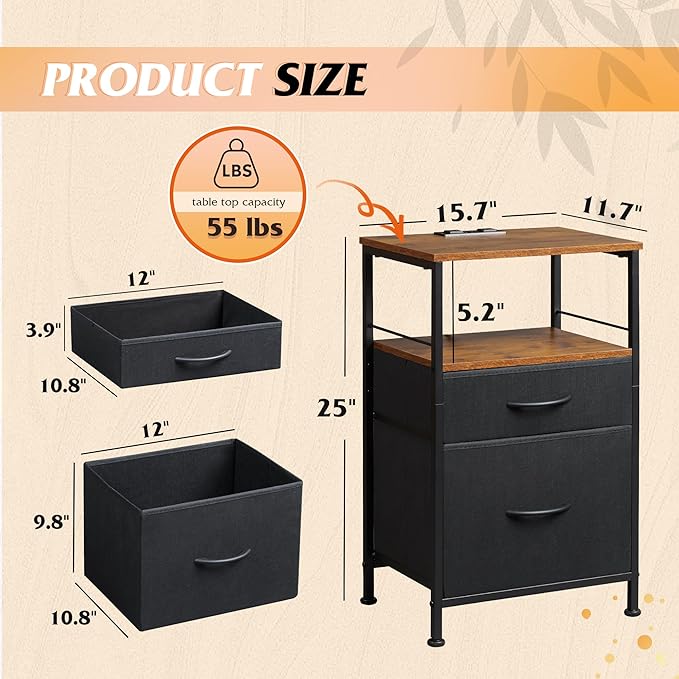 WLIVE Nightstand with Charging Station, Night Stand with 2 Fabric Drawers - Image 3