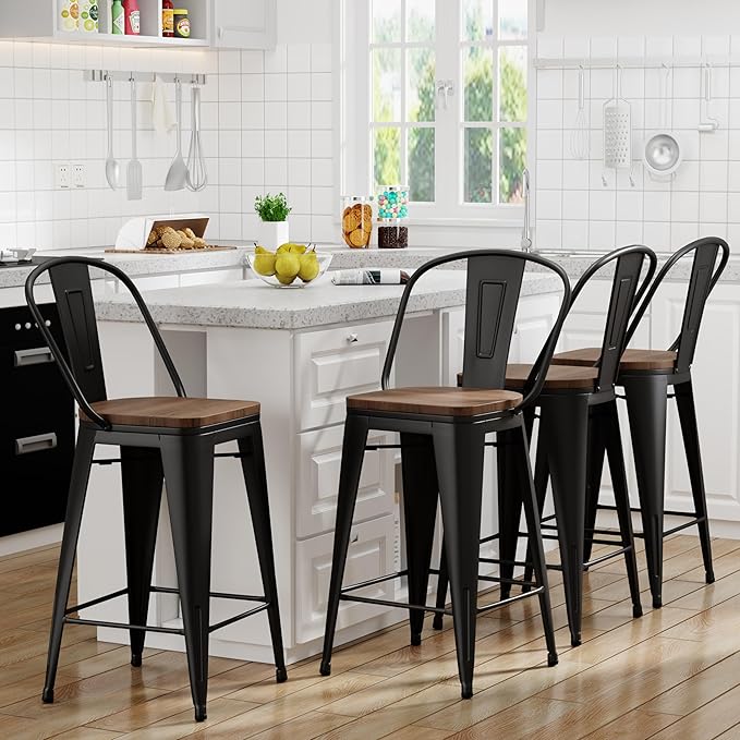 Yongqiang Black Metal Bar Stools Set of 4 Bar Height Stools Kitchen Island by lightupyourlife