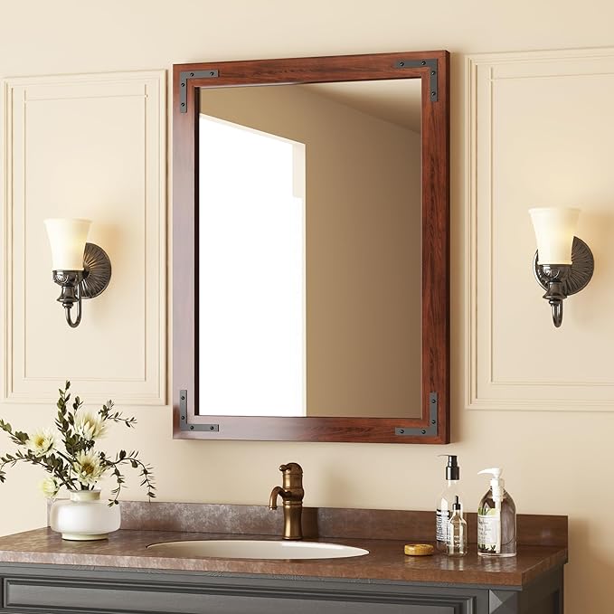 VocalStar Rustic Wood Framed Mirror 24 x 32 Inch, Natural Dark Brown Wooden by VOCALSTAR