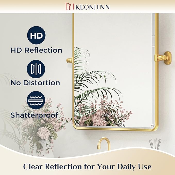 Keonjinn 24 x 36 Inch Pivot Mirror Bathroom, Brushed Gold Beveled Pivot - Image 6