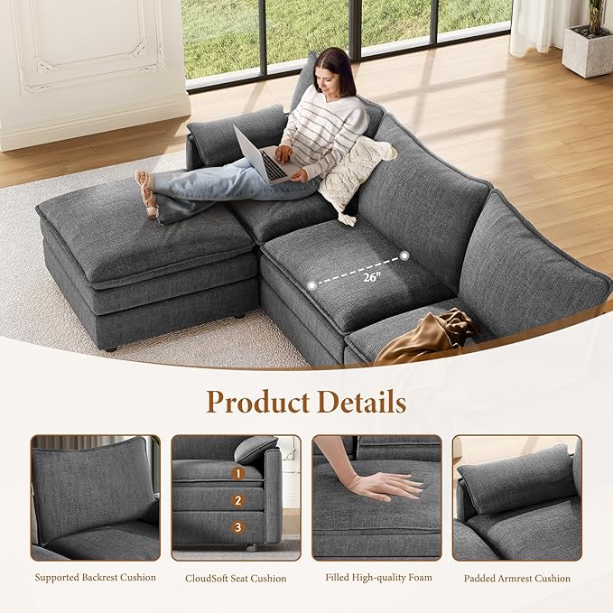 Vesgantti 108" U Shaped Sectional Couch, Comfy Cloud Modular Sectional Sofa - Image 4