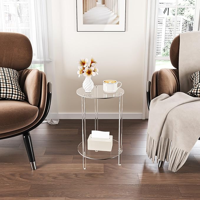 HMYHUM Acrylic Round Side Table Set of 2, 11.8" L x 11.8" W x 20.2" H, 2-Tier - Image 7