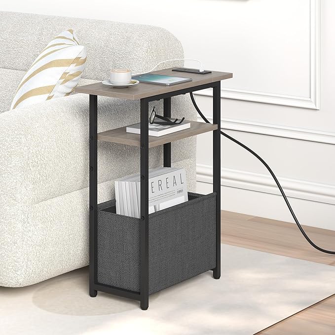 Narrow Side Table with Charging Station Set of 2, Small End Table - Image 4