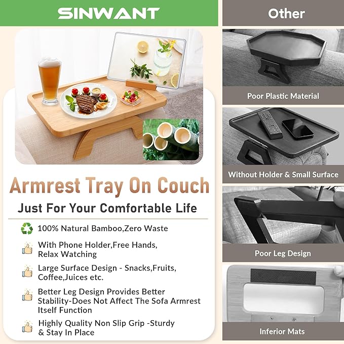 SINWANT Couch Arm Tray, Bamboo Sofa Clip on Side Table, Foldable Couch Armrest - Image 5