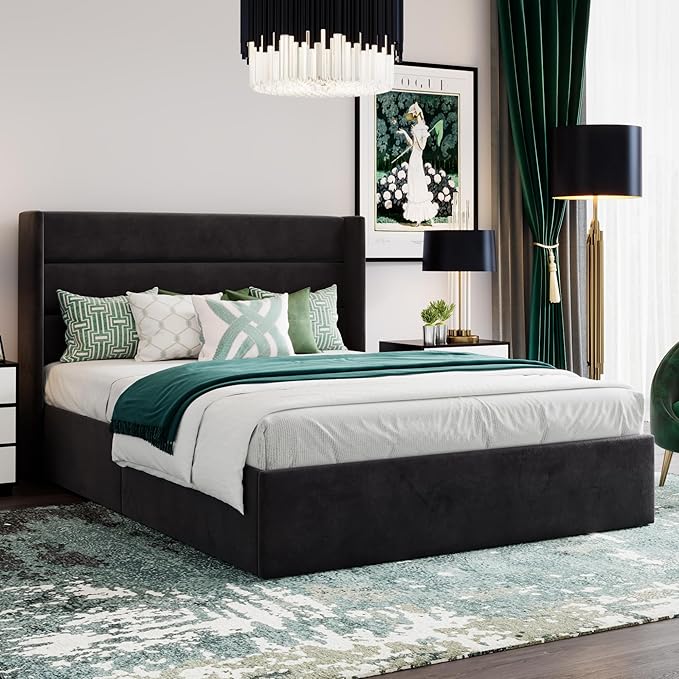 SHA CERLIN Queen Size Lift Up Storage Bed/Velvet Upholstered/Modern Wingback - Image 8