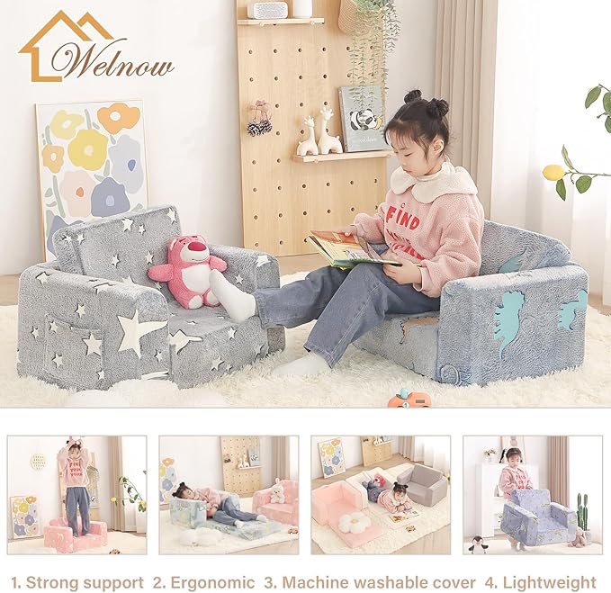 Welnow Toddler Chair, 2-in-1 Soft Sherpa Kids Sofa, Convertible Toddler Couch - Image 6