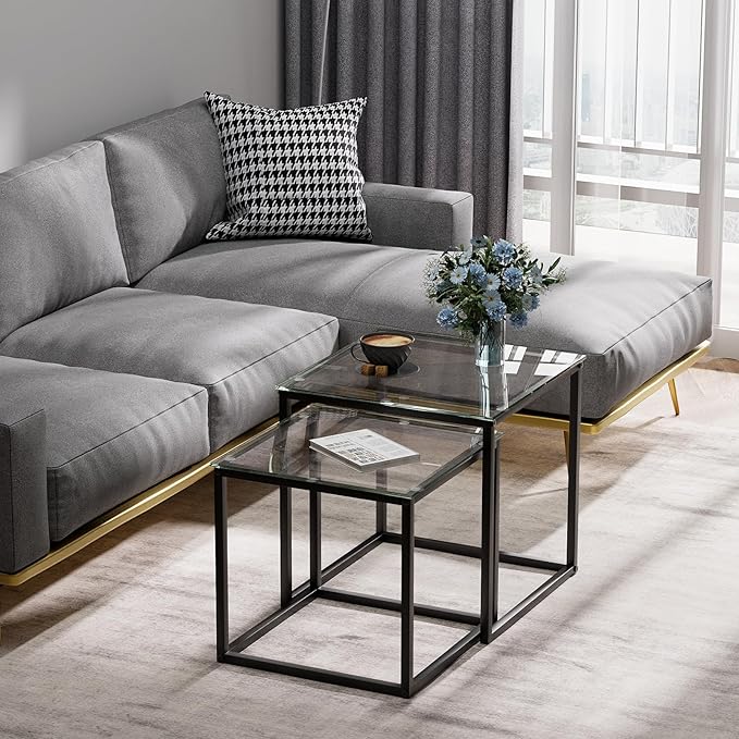 VILAWLENCE Coffee Table Set of 2, Modern Black Glass Side Table, Metal Frame - Image 3