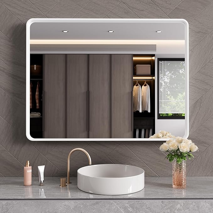 White Bathroom Mirror 40x32 Inch, Rounded Rectangle Matte Bathroom Vanity Mirror - Image 2