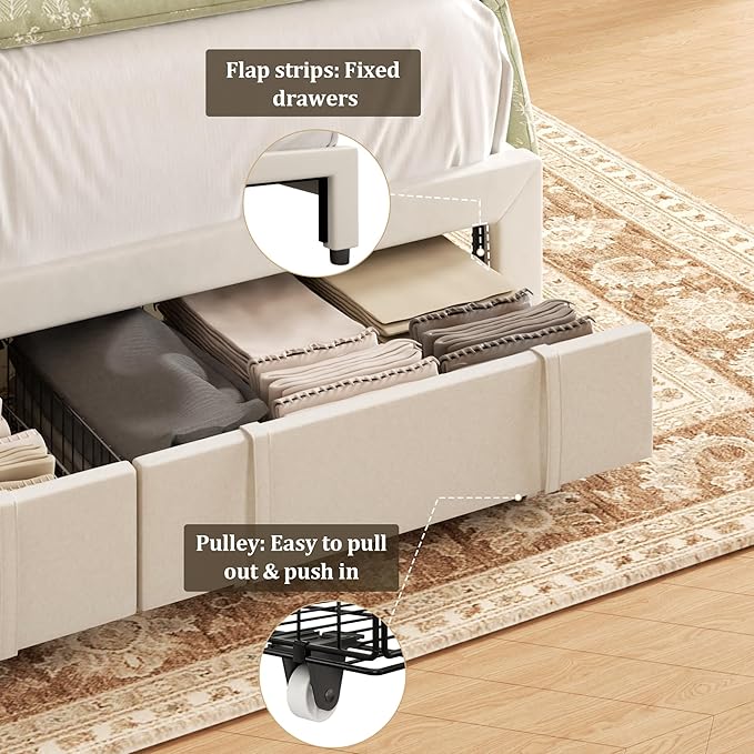 King Bed Frame with Storage Drawers, Upholstered Platform Bed with Headboard - Image 5