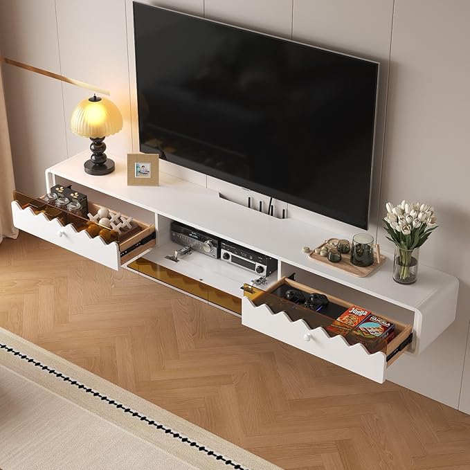 Floating TV Stand, 70IN Fully-Assembled Wall Mounted Wave Glass - Image 4