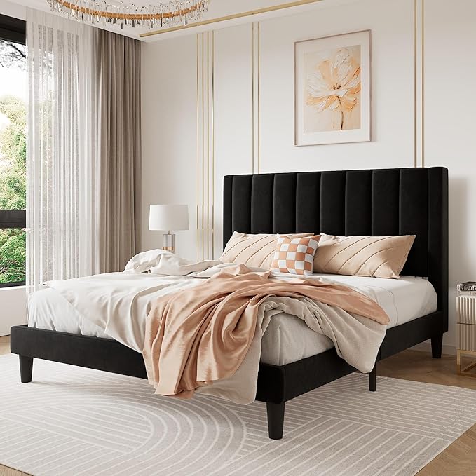 SHA CERLIN Queen Bed Frame/Velvet Upholstered Platform Bed Frame by SHACERLIN