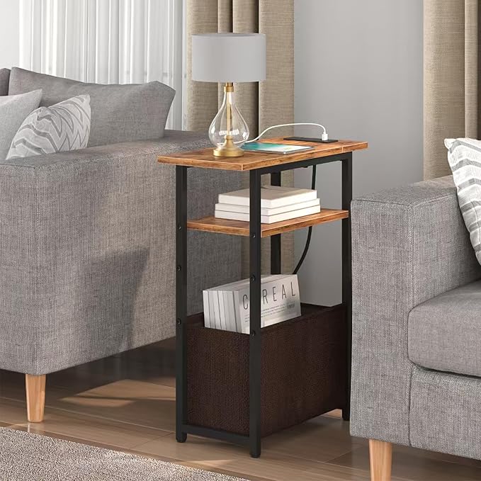 Narrow Side Table with Charging Station Set of 2, Small End Table - Image 2