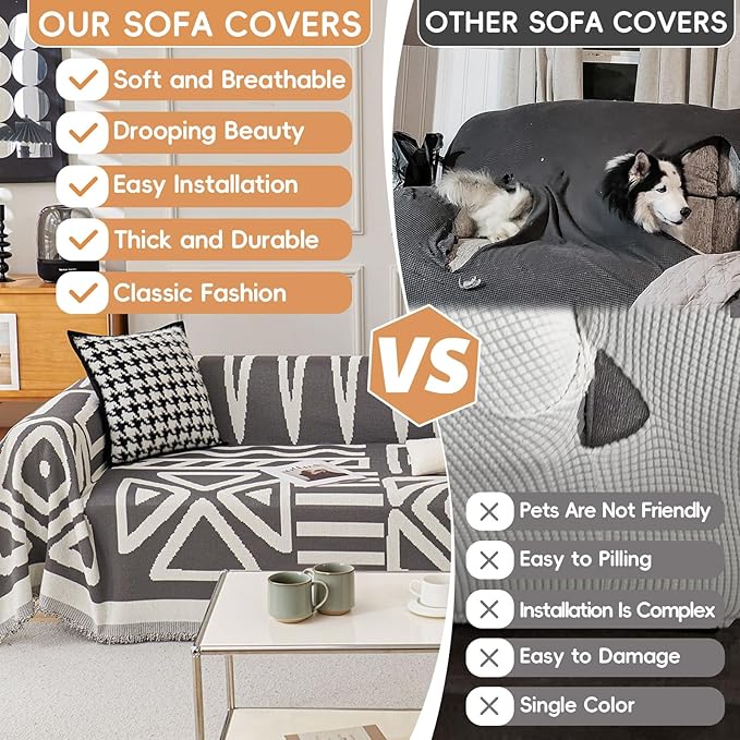 STACYPIK Dark Grey Chenille Couch Covers, Boho Sofa Covers - Image 5
