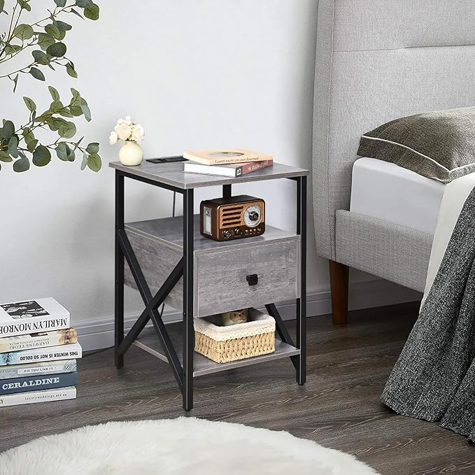 End Tables with Charging Station, Night Stands with Wood Drawer, Nightstand - Image 7