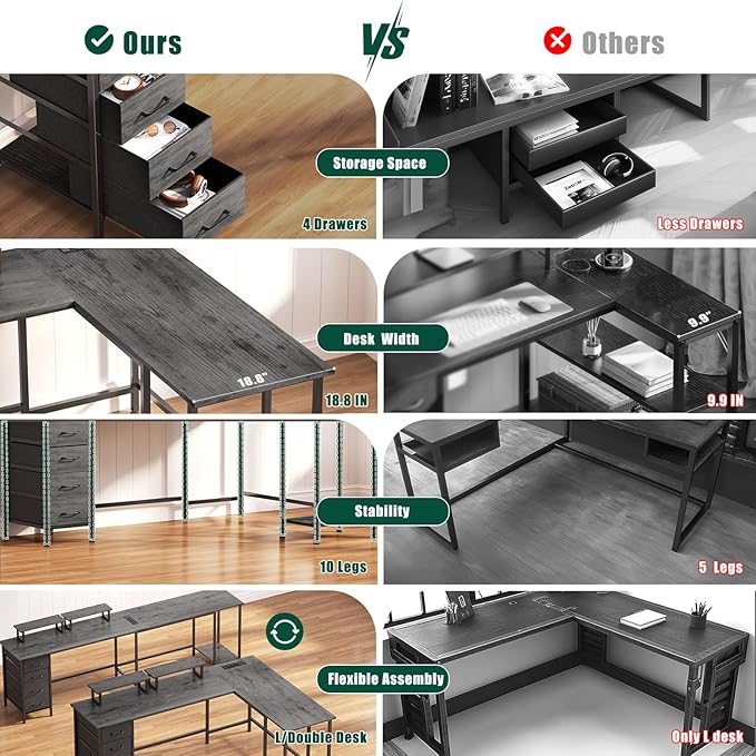 66" L Shaped Computer Desk, 94.4'' Home Office Desk - Image 7