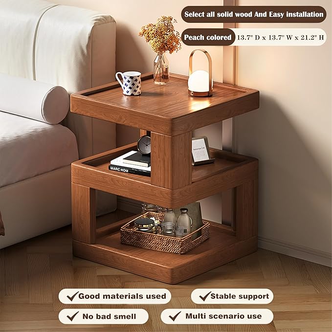 Nightstand Bedside Table with 3-Tier Storage, Modern Solid Rubberwood End Side - Image 2