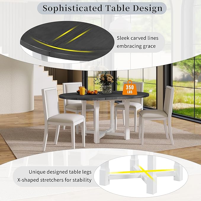 Merax 5-Piece Extendable Dining Table and 4 Upholstered Chairs, Round Oval - Image 7