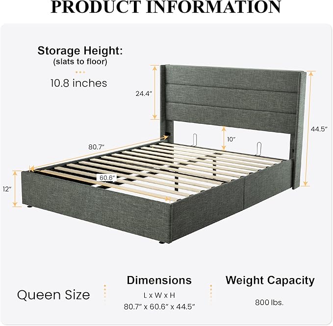 SHA CERLIN Queen Size Lift Up Storage Bed/Modern Wingback Headboard/Upholstered - Image 2