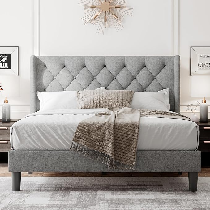 Feonase Queen Bed Frame with Upholstered Wingback Headboard, Platform Bed and - Image 7