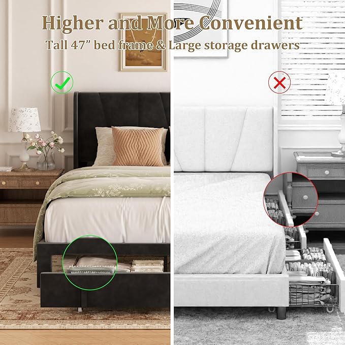 Queen Bed Frame with Storage Drawers, Upholstered Platform Bed with Headboard - Image 6