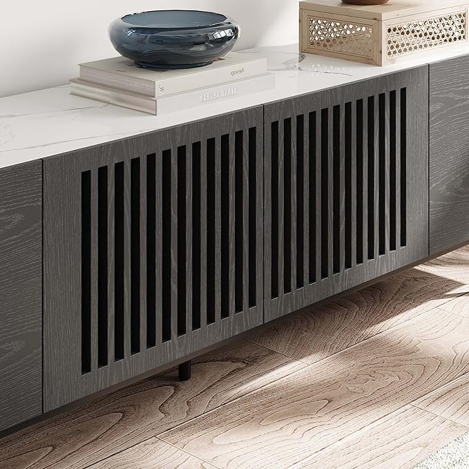 POVISON Mid Century Modern Sintered Stone TV Stand, Slatted Media Console TV - Image 7