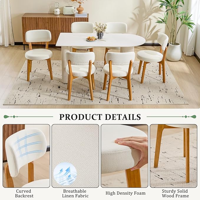 Furniliving Wooden Dining Chairs Set of 6, Mid-Century Modern Linen Upholstered - Image 5