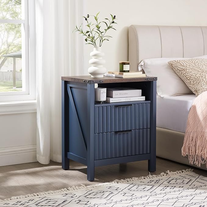 Navy Blue Nightstand with Charging Station Set of 2-20 Inch Wide Farmhouse - Image 6